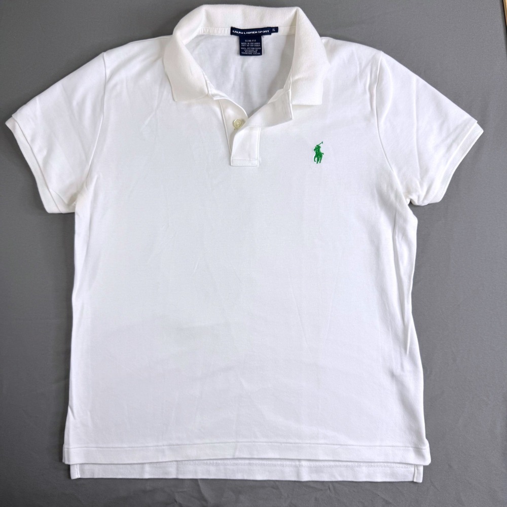 Ralph Lauren Sport Womens XL Slim Fit Polo Shirt White Green Pony Logo Cotton